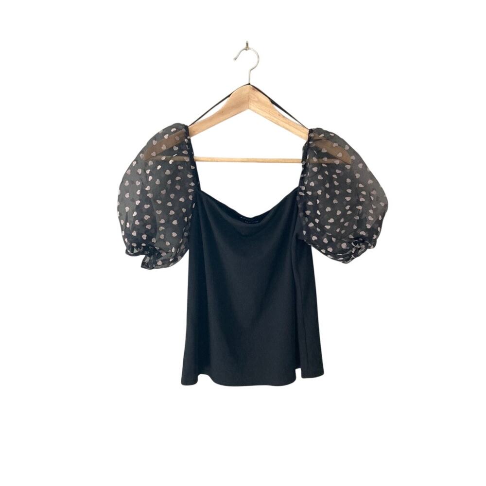 New Look NEW Heart Puff Sleeve Ribbed Blouse Black 12